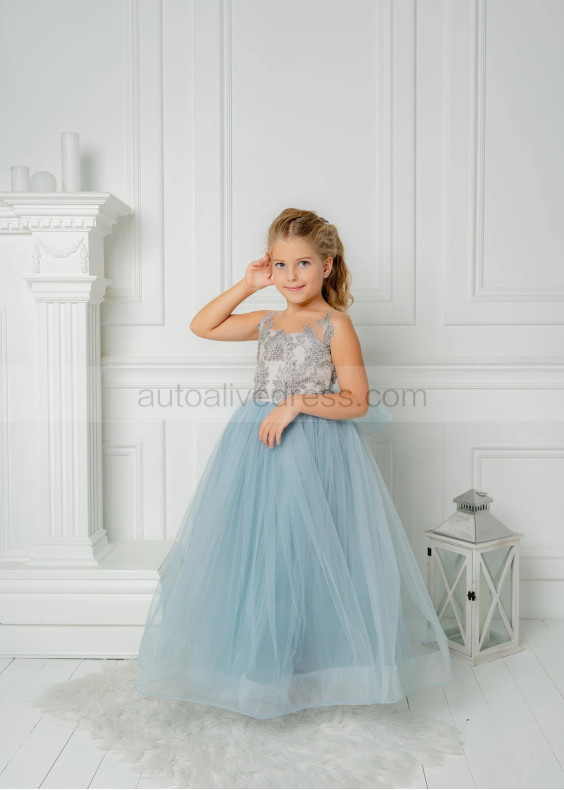 Blue Lace Tulle Beaded Long Flower Girl Dress